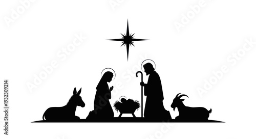 Nativity Scene Silhouette with Star, Mary, Joseph, Baby Jesus, Donkey, Goat