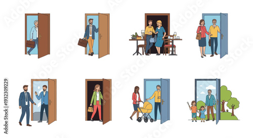 People Entering and Exiting Doors: Diverse Scenes of Life and Work