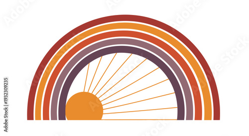 Retro Rainbow Arc with Sunburst and Wheel Spokes