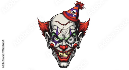Scary Clown Face with Party Hat, Horror, Halloween, Spooky, Evil Character