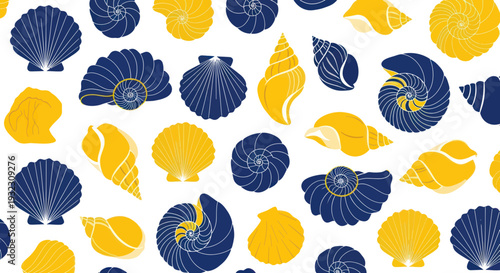 Seamless Pattern of Blue and Yellow Seashells on White Background