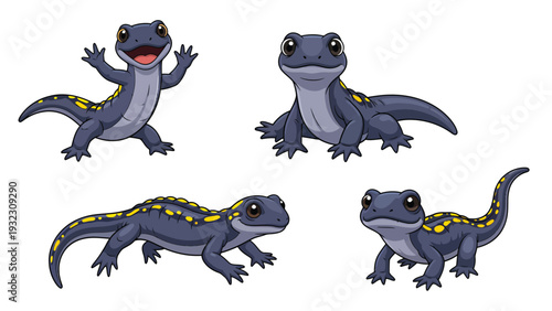 Cute Cartoon Salamanders Collection with Yellow Spots. Adorable Amphibian Characters in Various Poses. Isolated Vector Set.