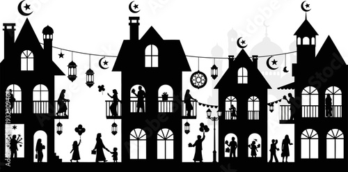 Vibrant silhouette of a bustling neighborhood street decorated with lanterns and crescents where people celebrate eid from their balconies and on the sidewalks