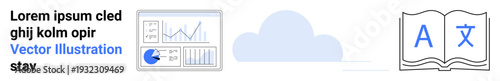 Graph with analytics, cloud icon, open book with language symbols. Ideal for learning, technology, cloud storage, business solutions, translation, data management simple landing page