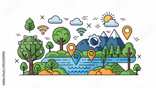Stylized landscape with trees, mountains, water, and connectivity symbols