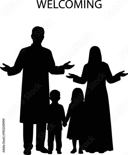 Welcoming family unit standing together under a hospitable sign to greet guests for a festive occasion