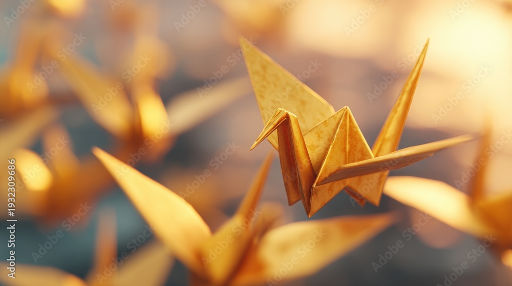 Naklejka premium Golden origami cranes flying in sunlight above the ground