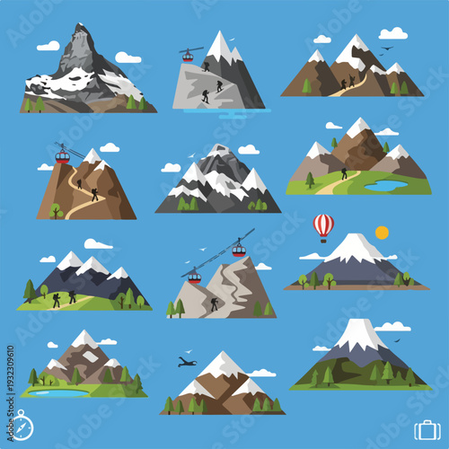 Stylized mountain illustrations with people and transport