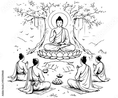 Buddha teaching disciples line art illustration