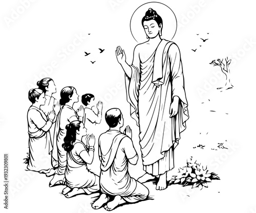 Buddha statue with incense sticks line art