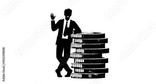 Friendly financial consultant leaning on coin stack vector illustration for investment and savings concept