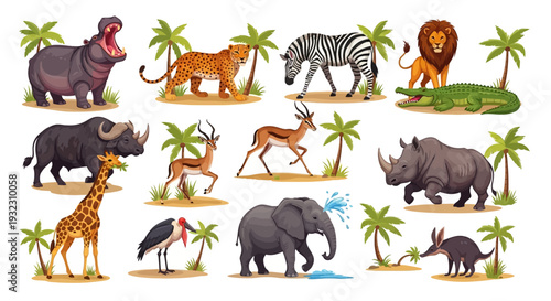 Collection of African Wild Animals and Birds in Cartoon Style.
