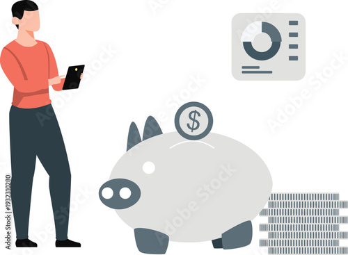 The boy is checking the report of saving in piggy bank.