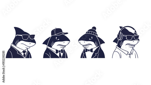 Stylish Shark Characters Vector Set. Cartoon Sharks in Fashionable Outfits with Sunglasses, Hats, and Headphones.
