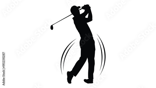 A black silhouette of a man playing golf isolated on white background, Vector