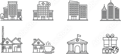 City buildings and public places icon set featuring hospital, school, homes, government building, and urban skyline representing community infrastructure and civic services in modern city life