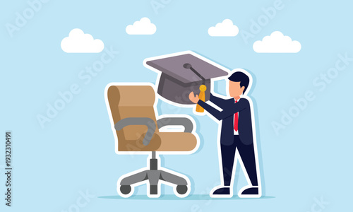 Businessman holding graduation cap near office chair illustration of success in completing business incubation program