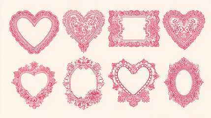 Set of Valentine's Day frames with text on seamless pattern background. Postcard with coquette border and hearts. Vintage whimsical design. Checkered and striped backdrop. Vector illustration