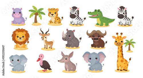 Collection of cartoon wild animals and plants on white background.