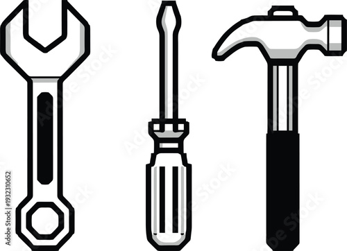 Hand tools icon set featuring wrench, screwdriver, and hammer representing repair, maintenance, construction, and DIY work in a clean minimalist outline style for industrial and home improvement use
