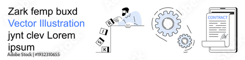 Business analytics, strategic planning, risk management, corporate contracts, process automation, accountability. Person analyzing risk blocks with gears and a contract. Risk management and corporate