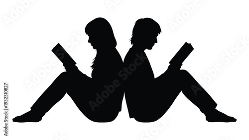 Two people sitting and reading books back to back isolated on white background, Vector