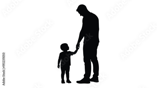 A silhouette of a man and a child holding hands isolated on white background, Vector