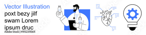 Healthcare, medical innovation, technology, diagnostics, creativity, and knowledge. Doctor holding a clipboard and bottle, anatomical heart with digital connections light bulb with gear. Healthcare