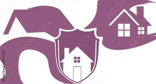 A vector illustration of a residential home icon featuring a family with a baby girl, boy, and their dog as a concept for real estate property sales and construction business design