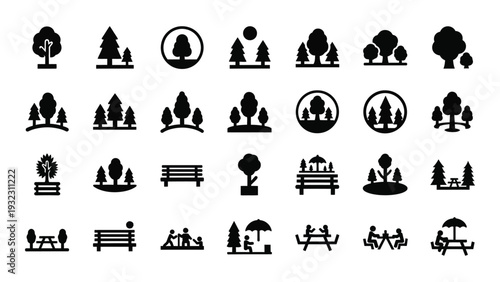 A collection of black and white icons depicting trees and park furniture isolated on white background, Vector