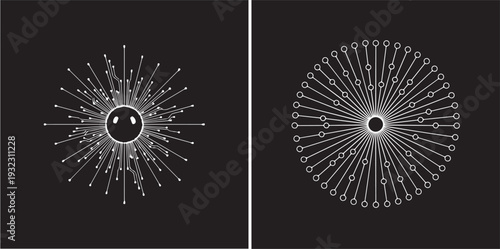 Two futuristic vector designs on a black background: a complex white node network radiating from a central sphere and a symmetrical, circular array of thin lines with terminal circles.
