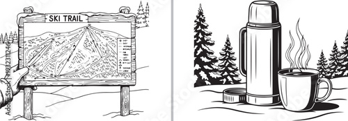 Winter hiking and trail navigation: a detailed black and white sketch of snow-covered pine trees and an orange line art illustration of a ski trail map board. Clean, rustic vector graphics.