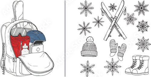 Two winter preparation scenes: an open backpack filled with essential ski gear like goggles and a helmet, and a collage of winter icons including snowflakes, skis, mittens, and boots. Vector art.