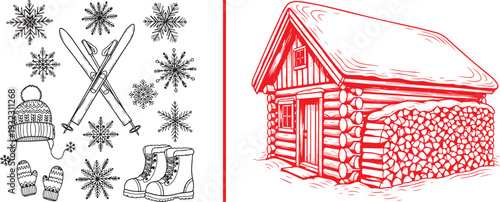 Hand-drawn vector sketches: a snowy village nestled beneath towering peaks and a pair of green ski poles planted in the snow. Classic line art capturing the quiet beauty of an alpine winter.