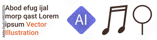 Artificial intelligence, music production, audio technology, data search, creative tools, digital design. AI symbol, music notes and magnifying glass icons. Artificial intelligence and music