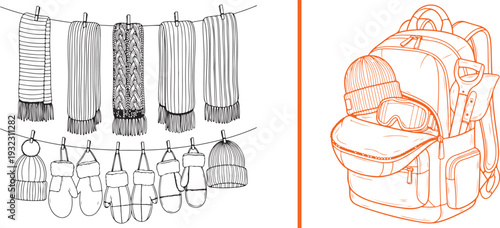 Hand-drawn vector sketches featuring a variety of cozy winter accessories drying on a clothesline and a fully packed orange mountain backpack. Perfect for winter travel and outdoor adventure themes.