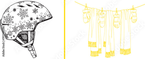 Winter safety and comfort: a black and white ski helmet adorned with intricate snowflake patterns and yellow line art of scarves and mittens drying on a line. Essential cold-weather vector gear.