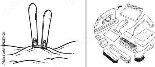 Minimalist black and white sketches: a simple pair of skis standing in a snowdrift on the left, and a detailed collection of household cleaning tools like an iron and brushes on the right.
