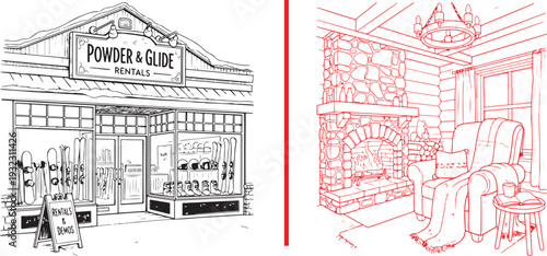 Hand-drawn vector sketches: a "Powder & Glide Rentals" shop with skis in the window and a cozy lodge interior featuring a stone fireplace and armchair. Warm, rustic charm for alpine travel.