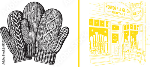 Hand-drawn vector sketches featuring three cozy, cable-knit mittens and a storefront for "Powder & Glide Rentals." Charming yellow and grey line art capturing the essence of a winter ski village.