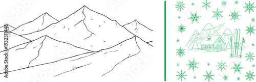 Minimalist winter landscape sketches: hand-drawn mountain ridges on the left, and a charming cabin scene framed by large decorative snowflakes on the right. Simple green and black vector line art.
