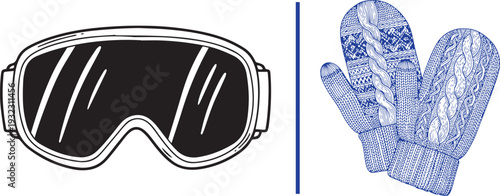Winter gear sketches: a black and white pair of professional ski goggles and blue line art of patterned, cable-knit mittens. Minimalist vector icons representing cold-weather protection and warmth.