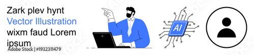 Artificial intelligence, user interaction, business solutions, data analytics, identity management, technological advancements. Businessman working on laptop with AI chip and user icon. Artificial