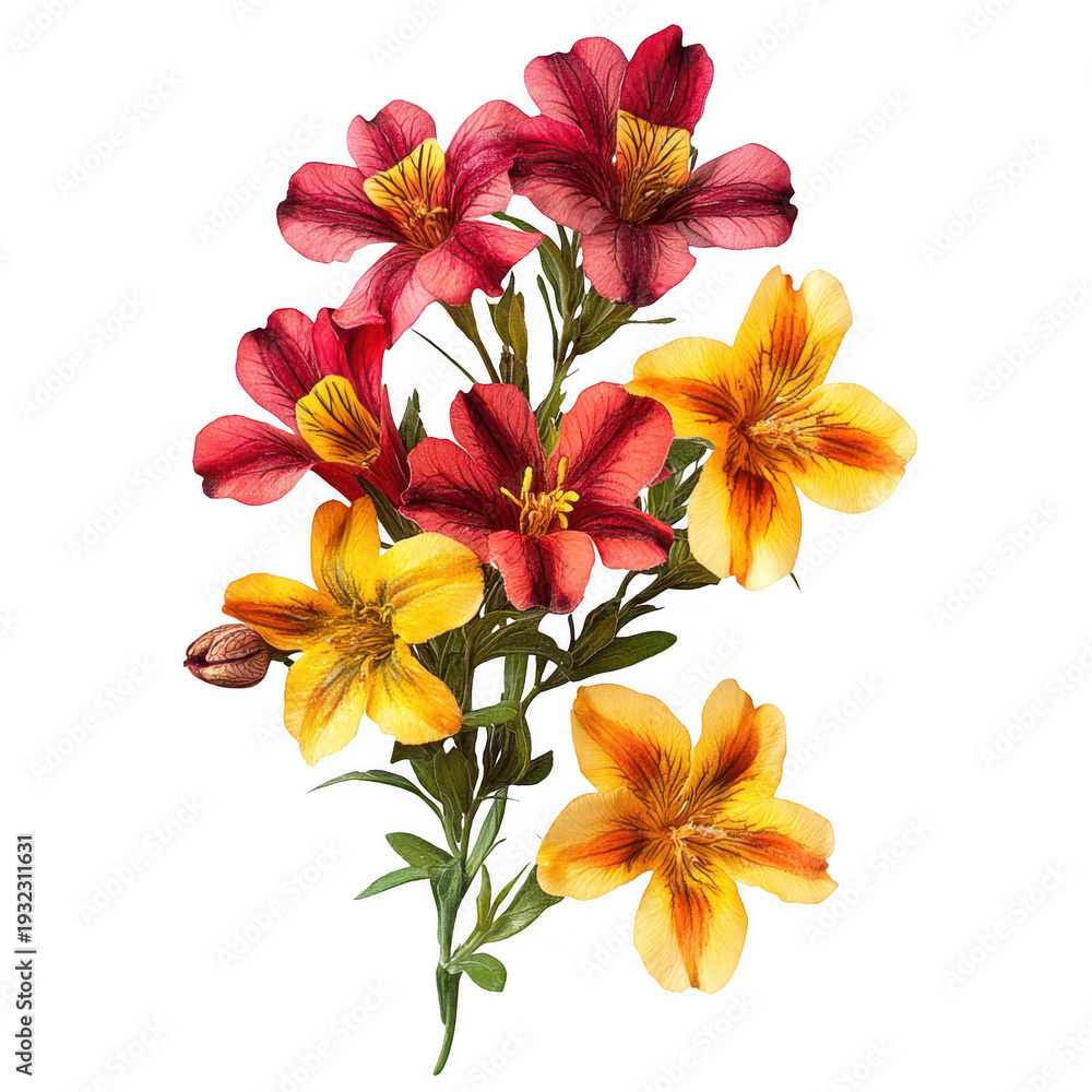 Fototapeta premium Colorful bouquet of red and yellow alstroemeria flowers with green stems and leaves transparent background