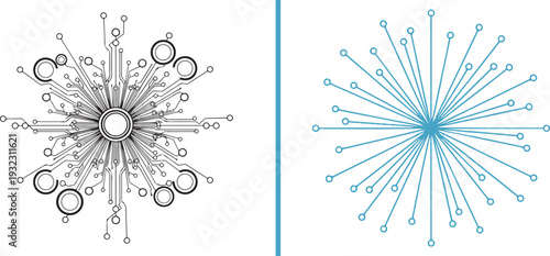 A minimalist vector set featuring a complex radial circuit mandala alongside a clean hub-and-spoke network icon. Modern designs representing digital connectivity, core systems, and technical logic.