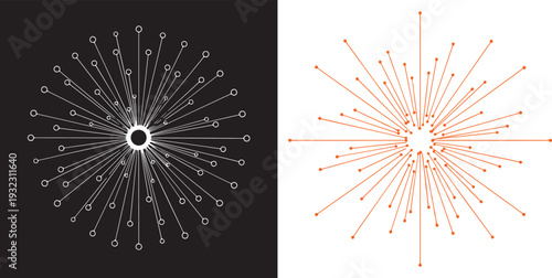Two abstract vector starbursts: a dense white radial node network on black, and a vibrant orange starburst of varying line lengths on white. Minimalist, high-energy geometric illustrations.