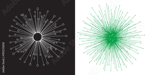 Minimalist vector set featuring a glowing white radial data burst on black and a dense green circular network on white. Modern symbols for global connectivity, big data, and neural synchronization.