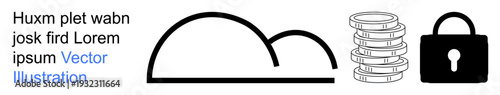 Cloud computing, online storage, data security, financial transactions, cybersecurity, encryption. Cloud icon, stack of coins lock symbol. Cloud computing and cybersecurity concept