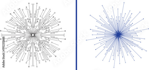 Tableau sur toile Intricate digital mandalas: a highly detailed black circuit-trace snowflake and a vibrant blue starburst of radiating lines