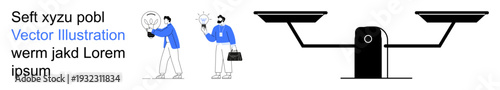 Decision making, innovation, weighing options, comparison, balance, and teamwork. Professionals analyzing ideas with scales in the background. Decision making and innovation processes concept
